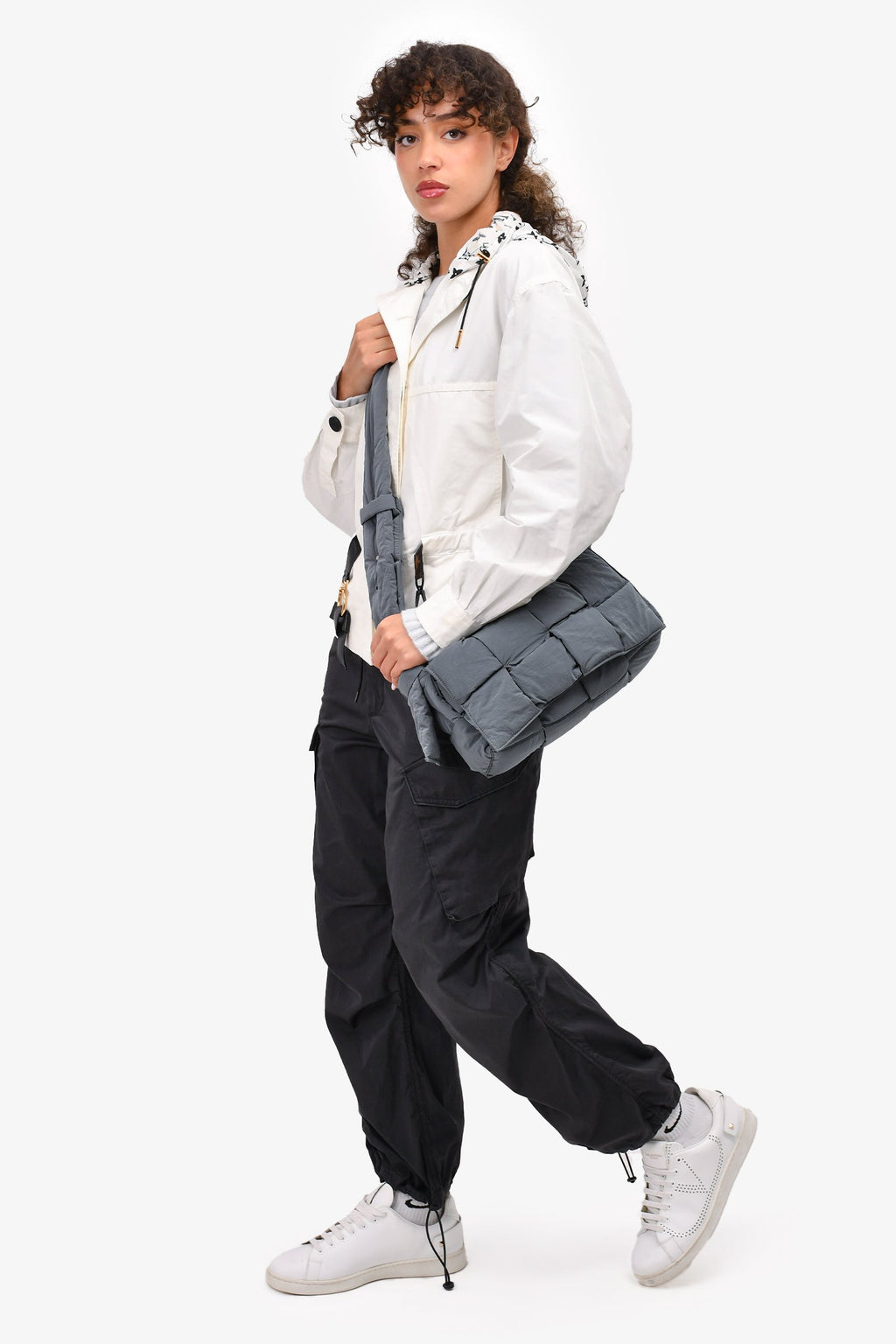 Bottega Veneta Grey Padded Intreccio-Woven Nylon Crossbody Bag (As Is)
