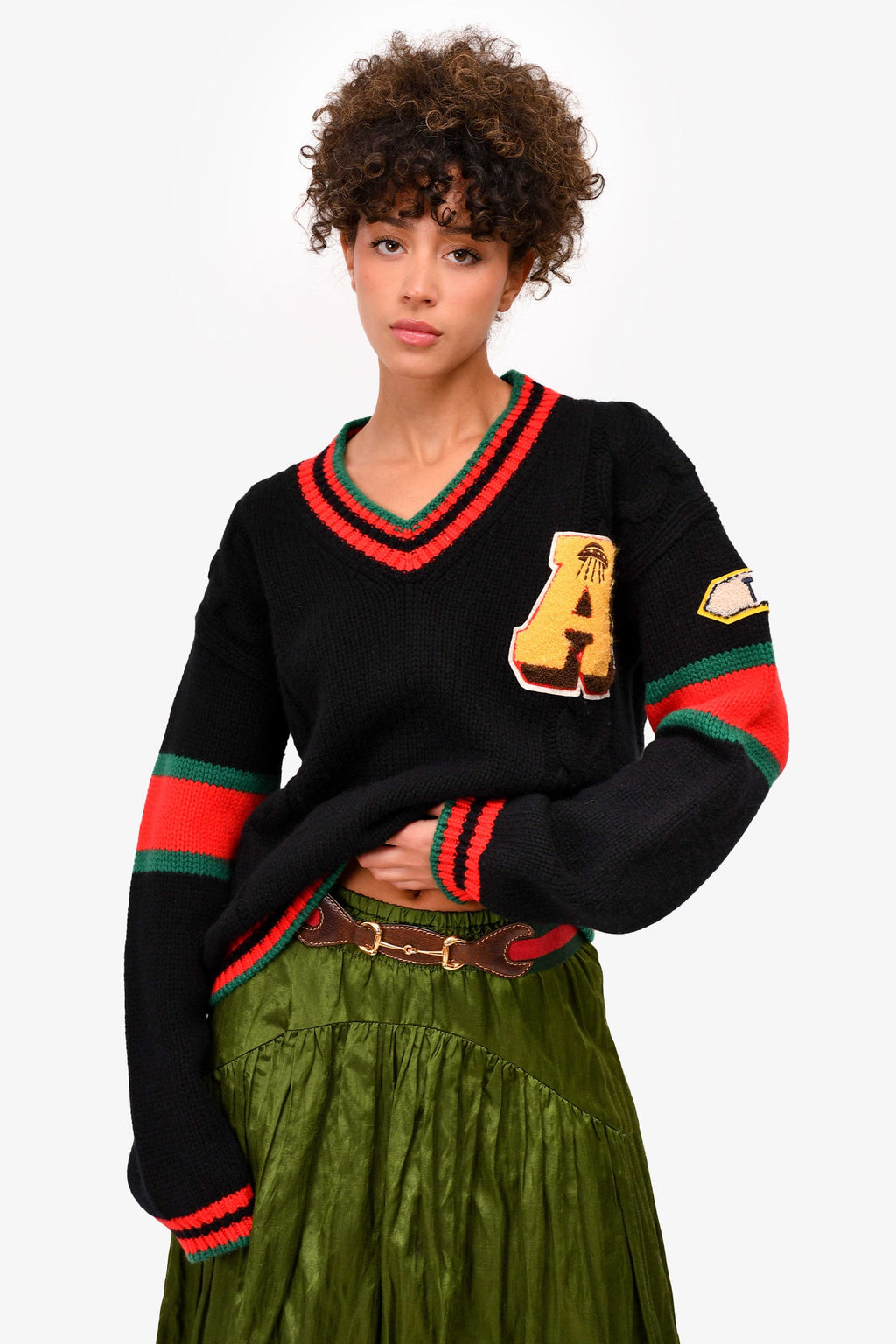 Gucci Black Wool Cable Knit Patchwork V-Neck Sweater Size S