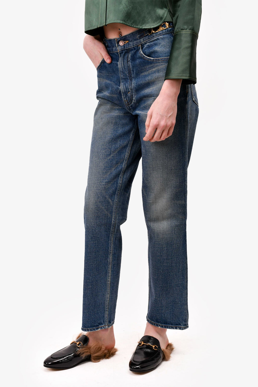 Celine Blue Denim Triomphe High Rise Straight Leg Jeans Size 28
