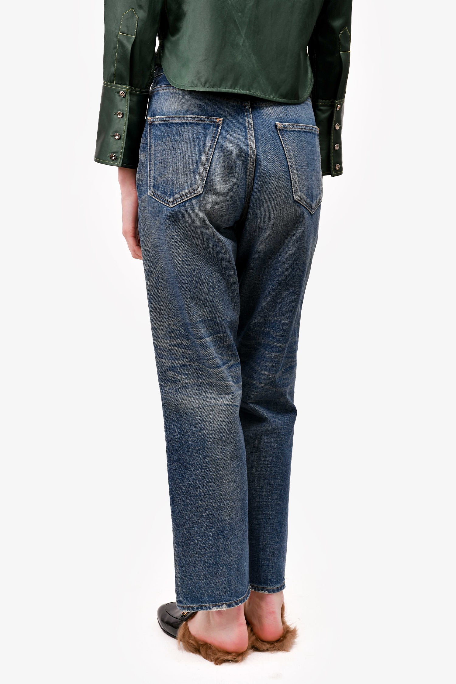 Celine Blue Denim Triomphe High Rise Straight Leg Jeans Size 28