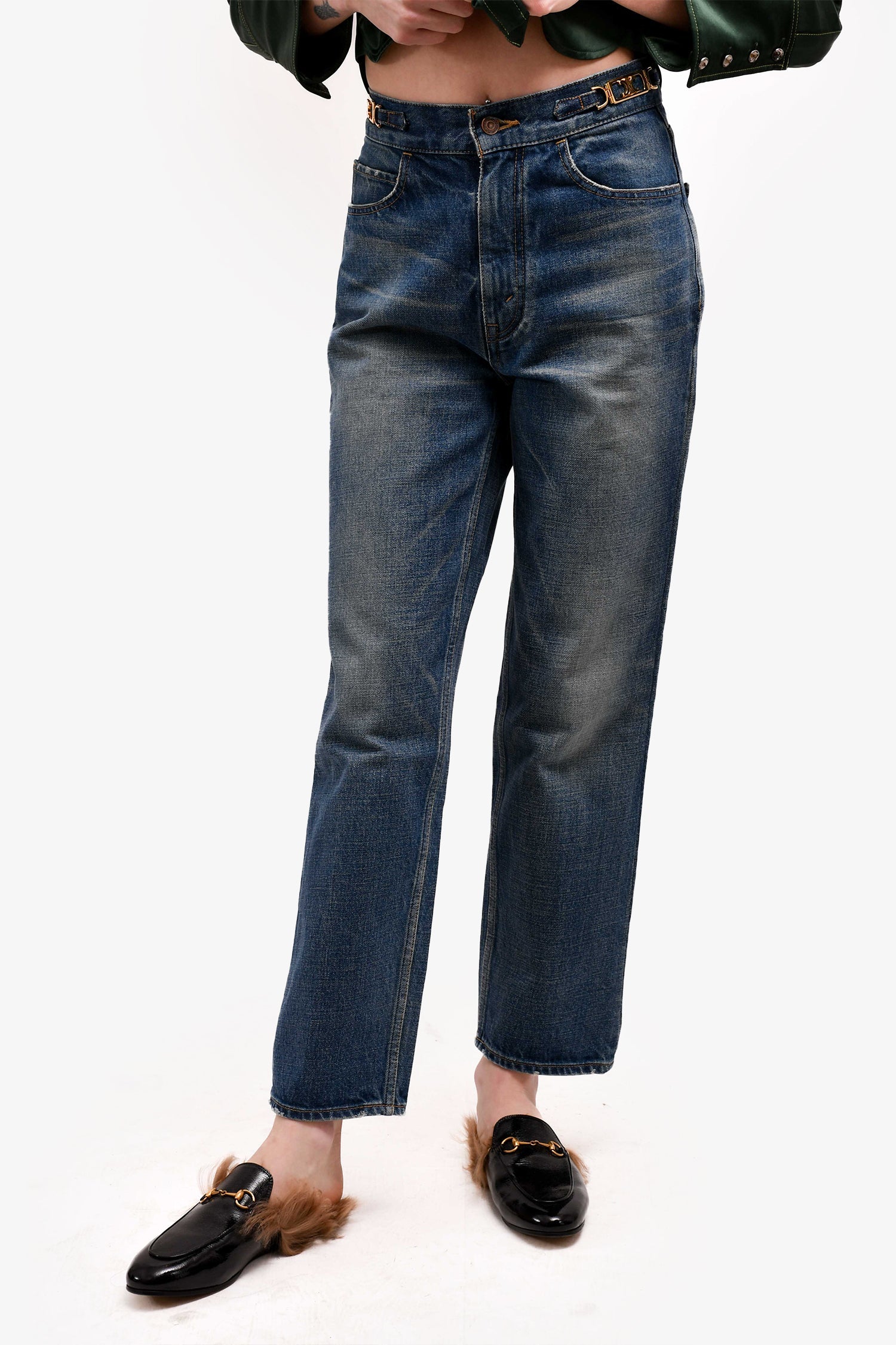 Celine Blue Denim Triomphe High Rise Straight Leg Jeans Size 28