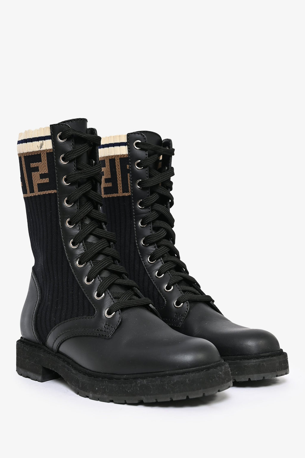 Fendi Black Leather Zucca Sock Combat Boots Size 35