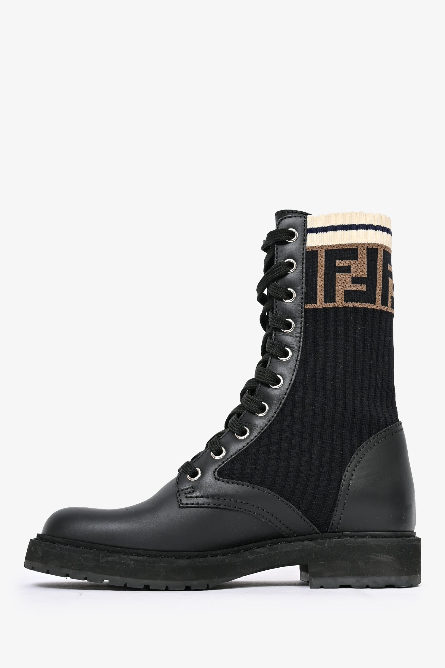 Fendi Black Leather Zucca Sock Combat Boots Size 35