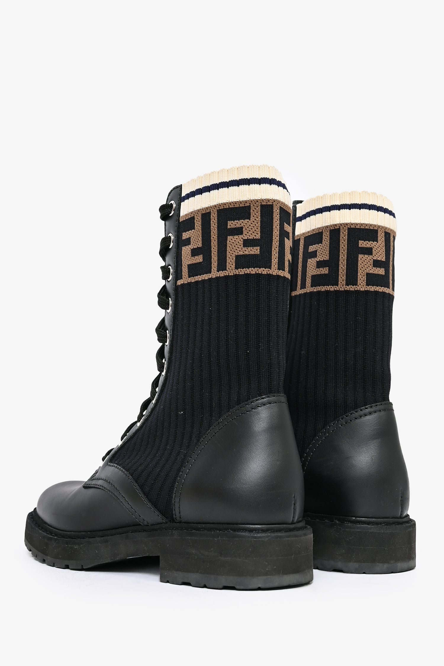 Fendi Black Leather Zucca Sock Combat Boots Size 35