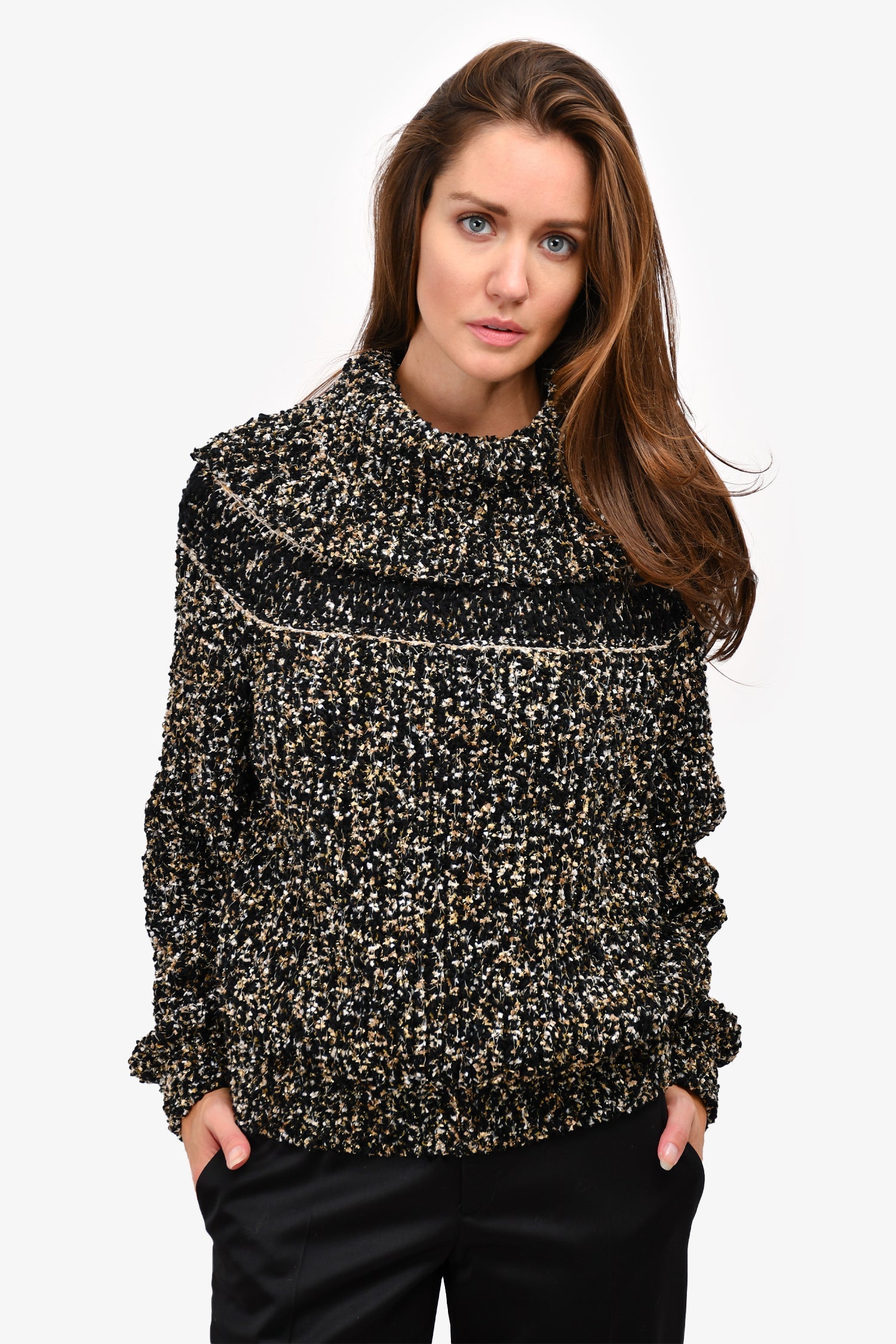 Pre-Loved Chanel™ 2019 Black/Gold Wool Fold-over Collar Sweater Size 36