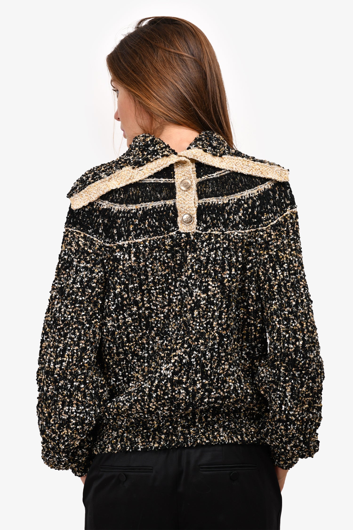 Pre-Loved Chanel™ 2019 Black/Gold Wool Fold-over Collar Sweater Size 36