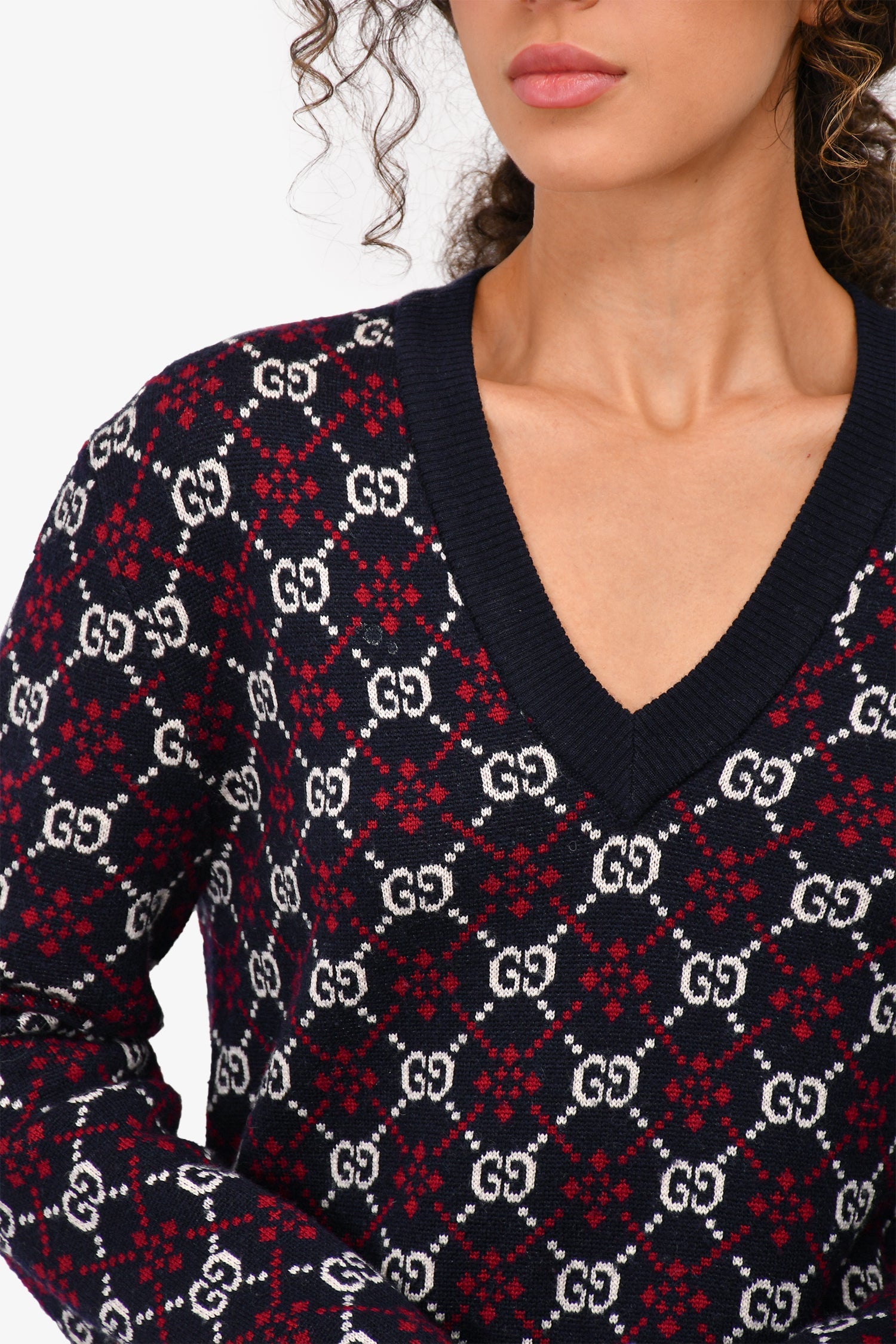 Gucci Navy/Burgundy Wool GG Monogram V-Neck Sweater Size S
