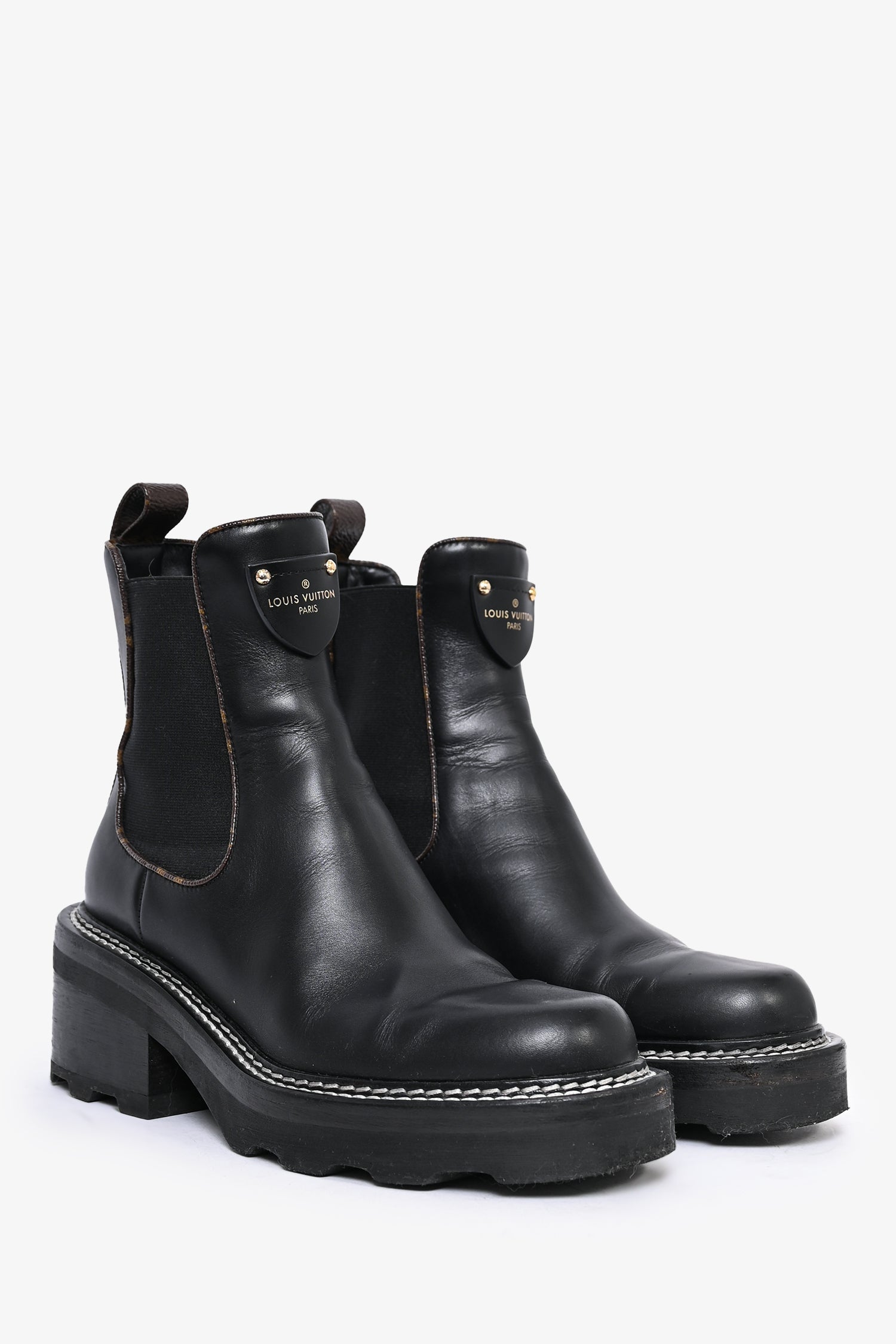 Louis Vuitton 2020 Black Leather Monogram Trim 'Beaubourg' Ankle Boots Size 36