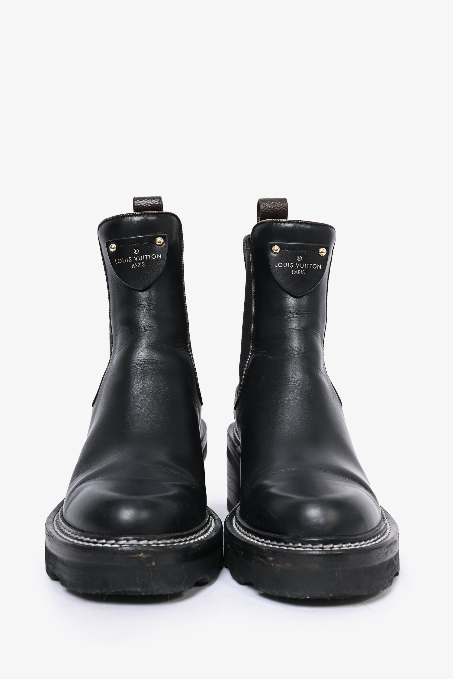 Louis Vuitton 2020 Black Leather Monogram Trim 'Beaubourg' Ankle Boots Size 36