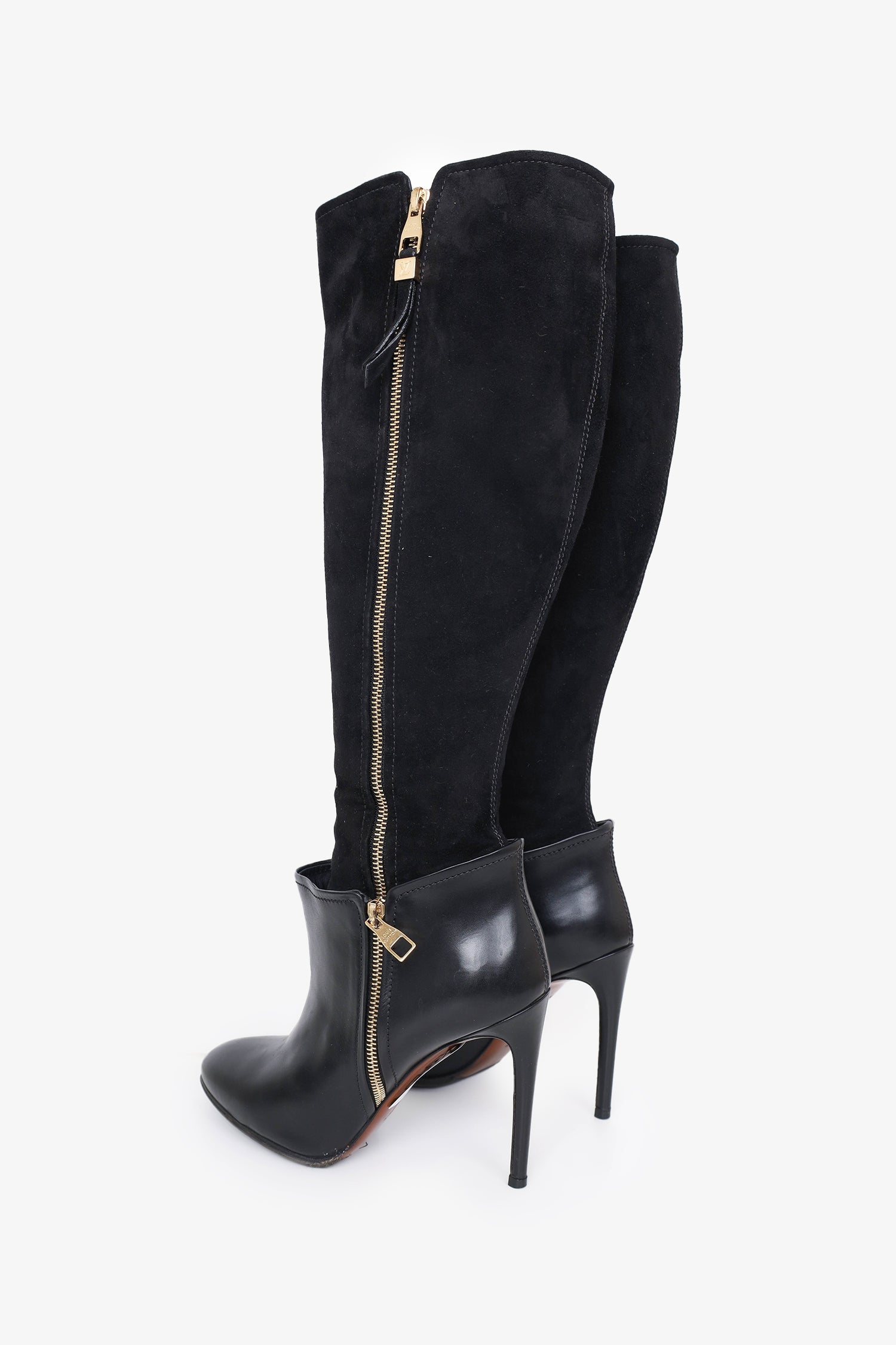 Louis Vuitton Black Leather and Suede Calf Length Booties Size 37