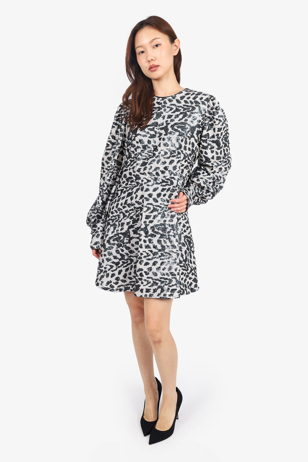 Rotate Birger Christensen Black/White Sequin Animal Print Long-Sleeve Dress Size 10