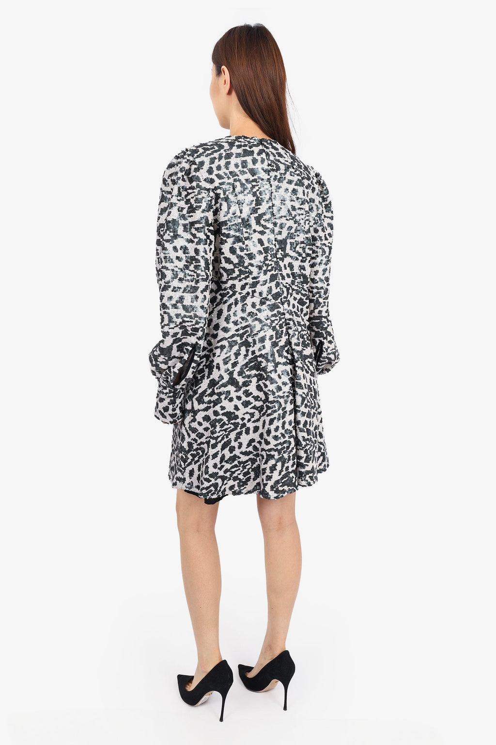 Rotate Birger Christensen Black/White Sequin Animal Print Long-Sleeve Dress Size 10