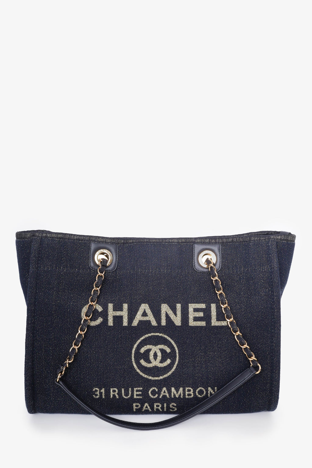 Pre-Loved Chanel™ 2018-19 Navy Glitter Canvas Deauville Tote Bag