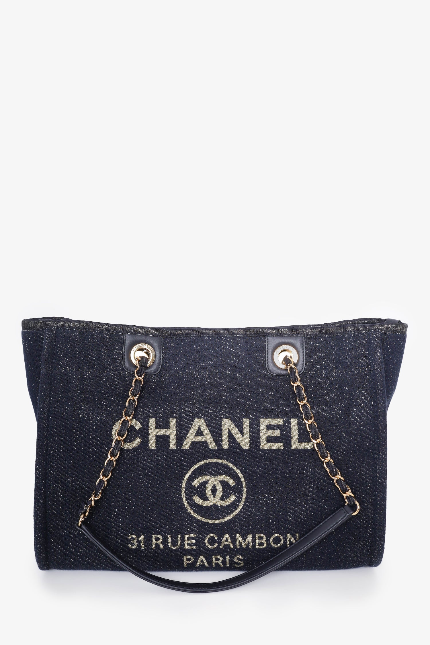 Pre-Loved Chanel™ 2018-19 Navy Glitter Canvas Deauville Tote Bag