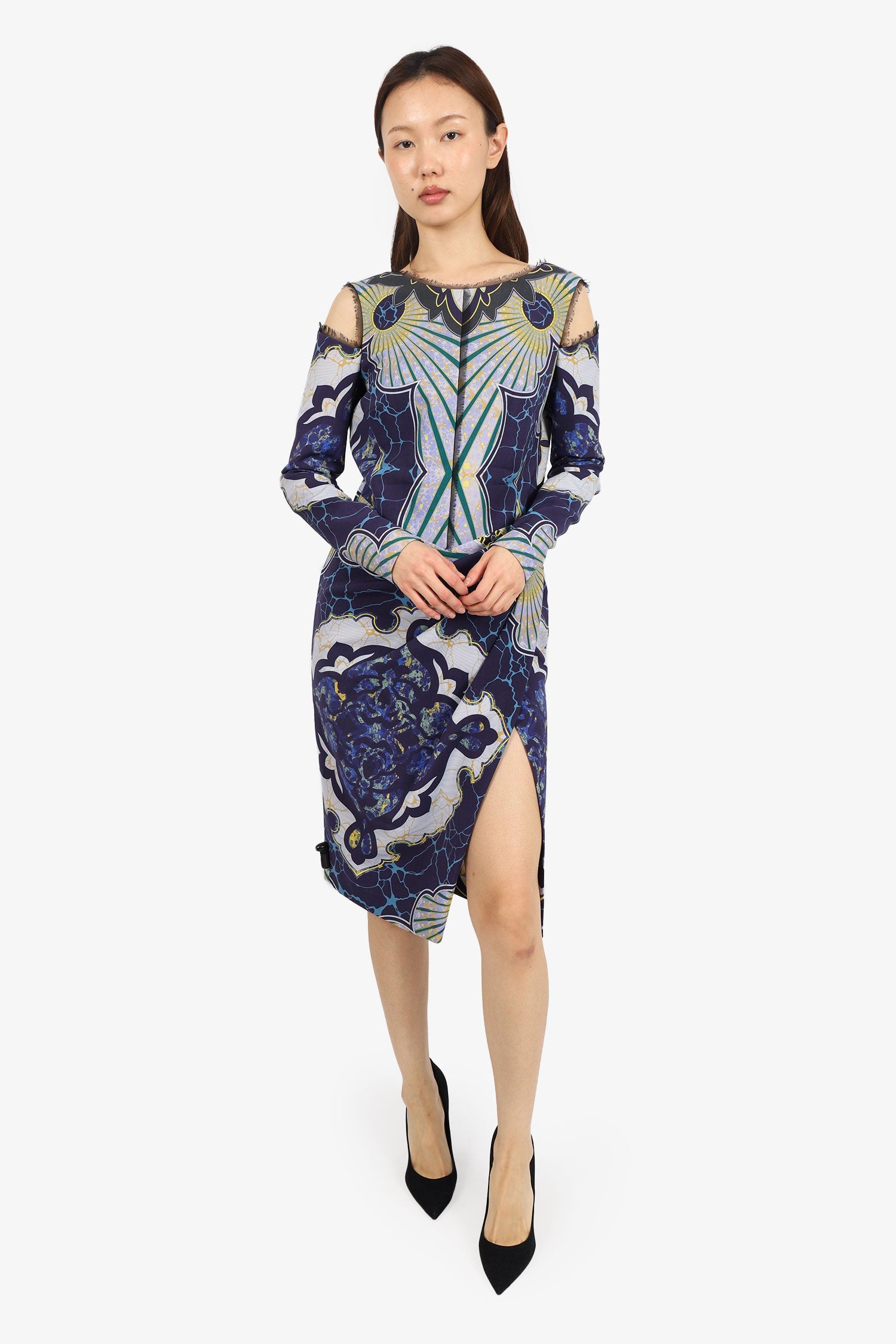 Emilio Pucci Blue/Yellow Wool Printed Cold Shoulder Rauched Midi Dress Size 10
