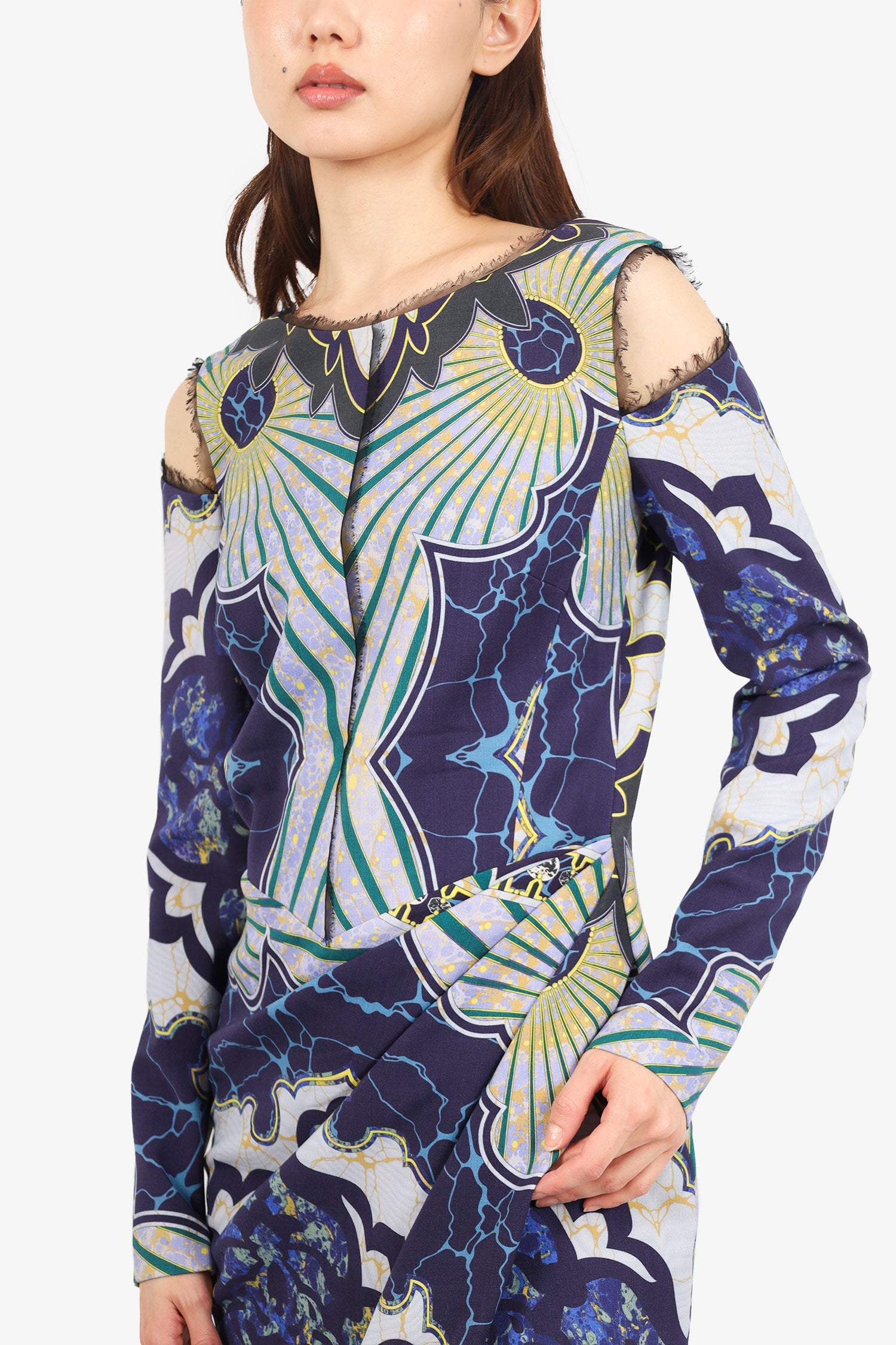 Emilio Pucci Blue/Yellow Wool Printed Cold Shoulder Rauched Midi Dress Size 10
