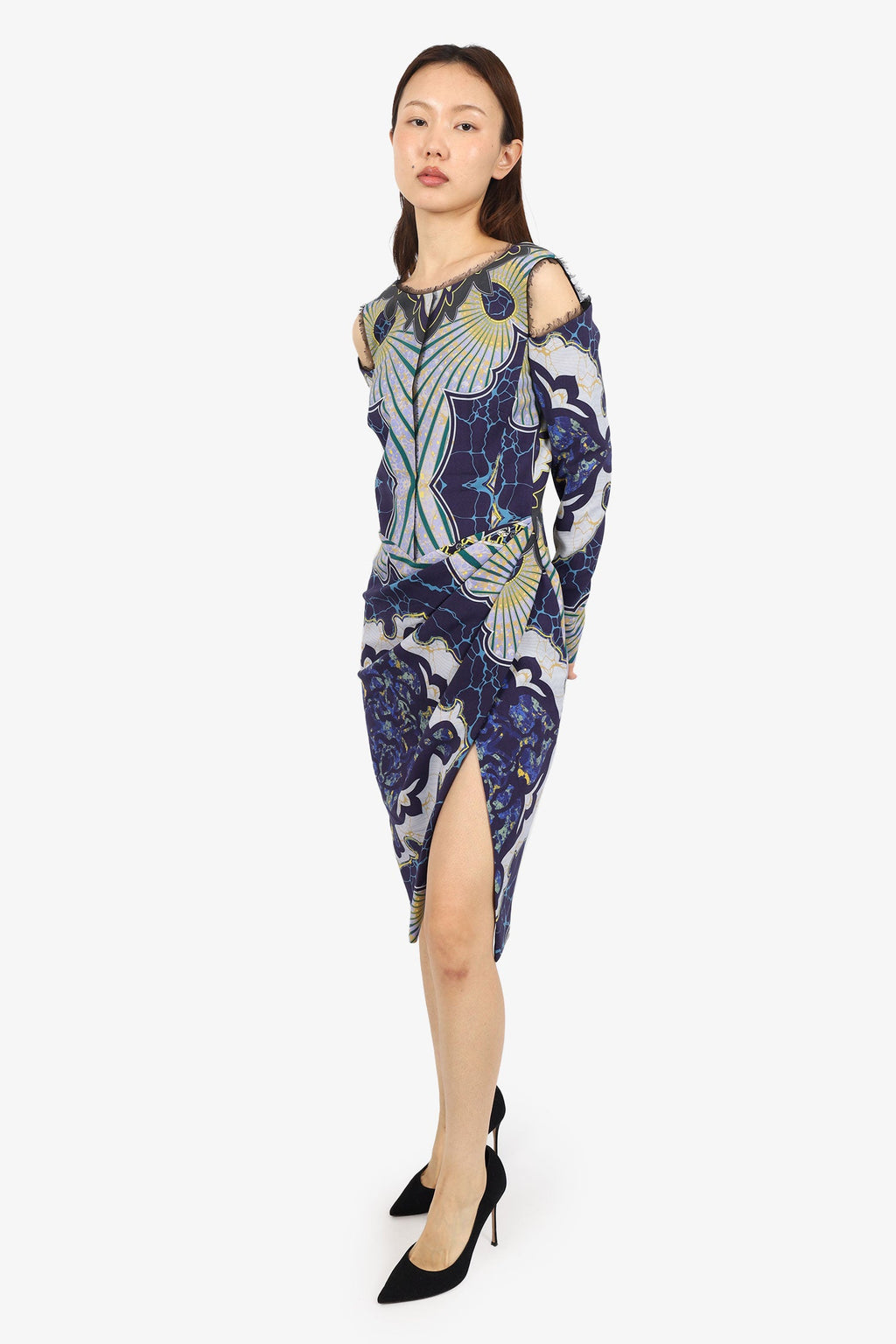 Emilio Pucci Blue/Yellow Wool Printed Cold Shoulder Rauched Midi Dress Size 10