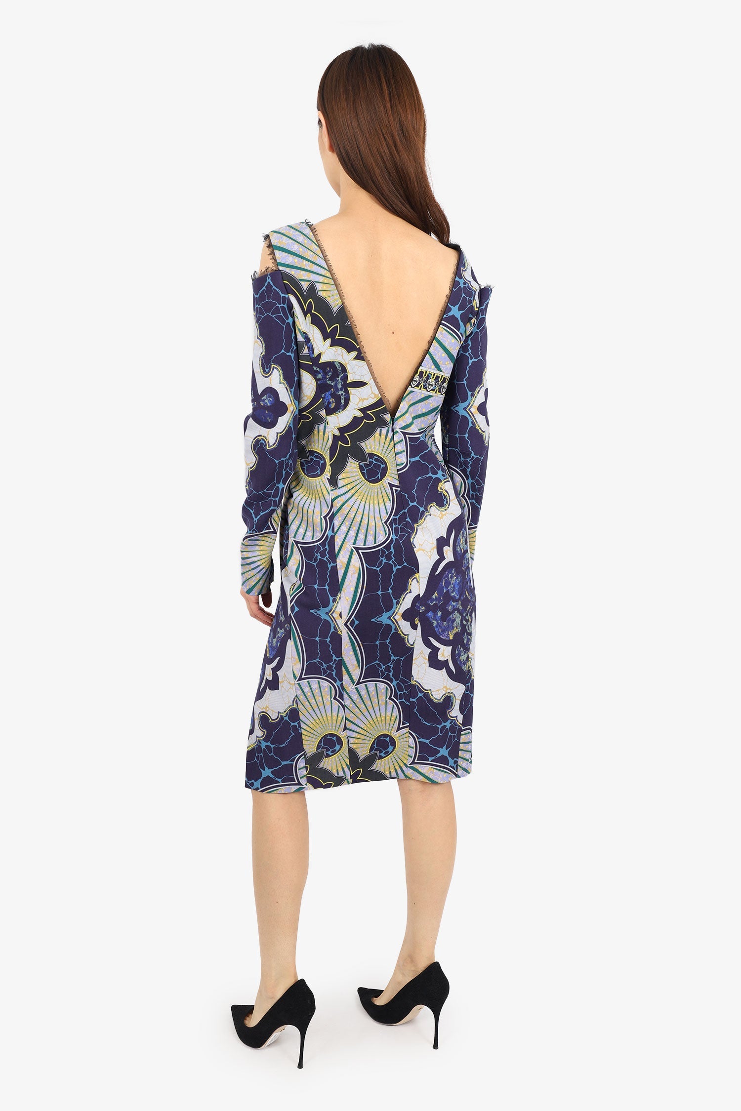 Emilio Pucci Blue/Yellow Wool Printed Cold Shoulder Rauched Midi Dress Size 10