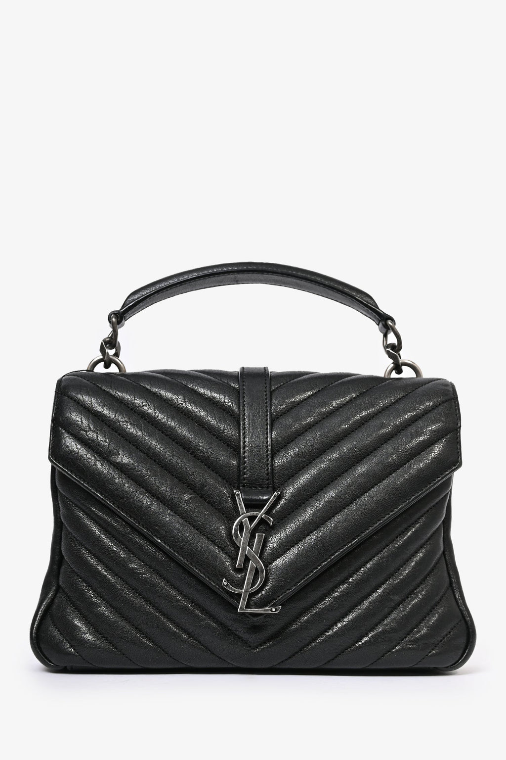 Saint Laurent 2016 Black Chevron Leather Medium College Bag with Chain