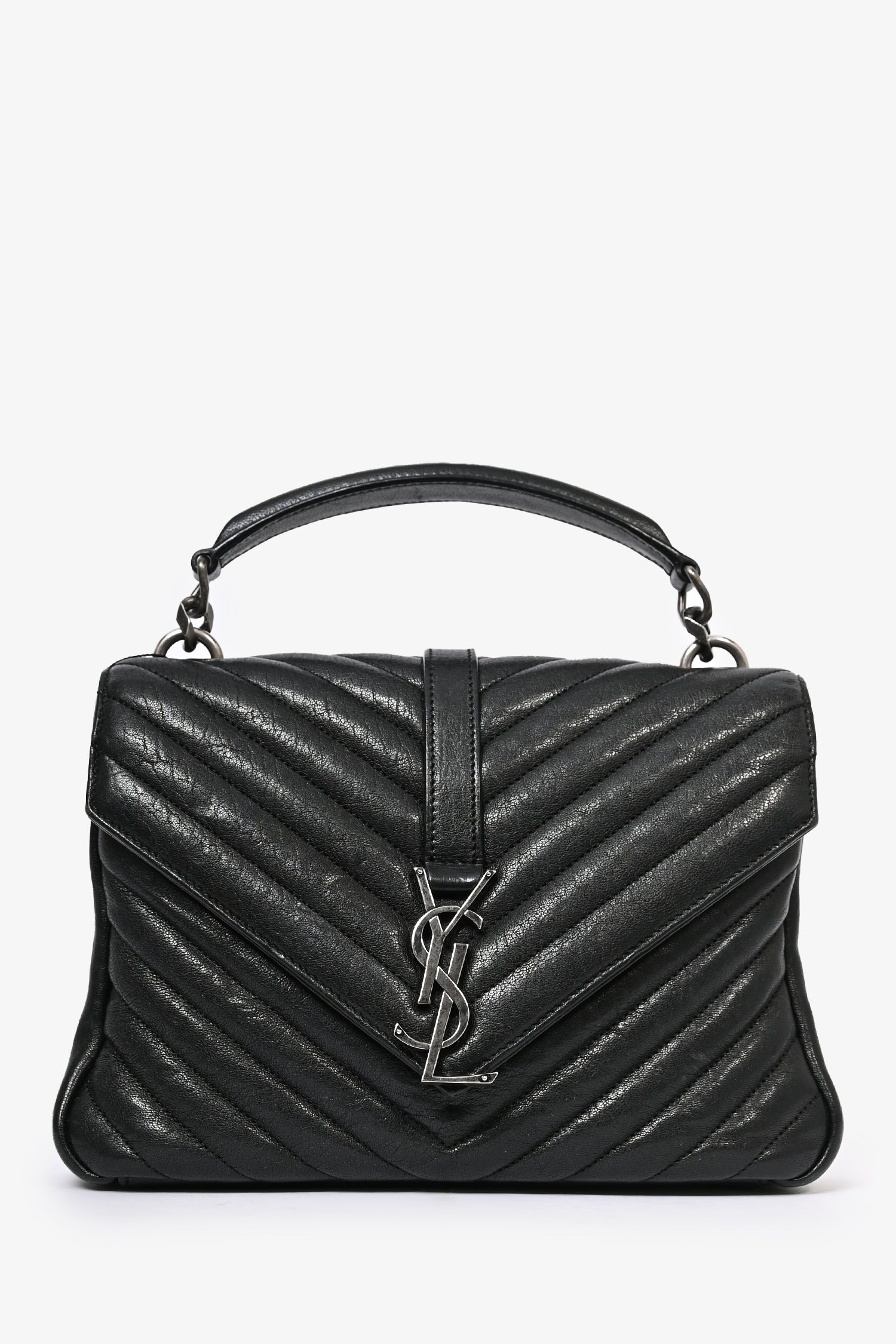 Saint Laurent 2016 Black Chevron Leather Medium College Bag with Chain