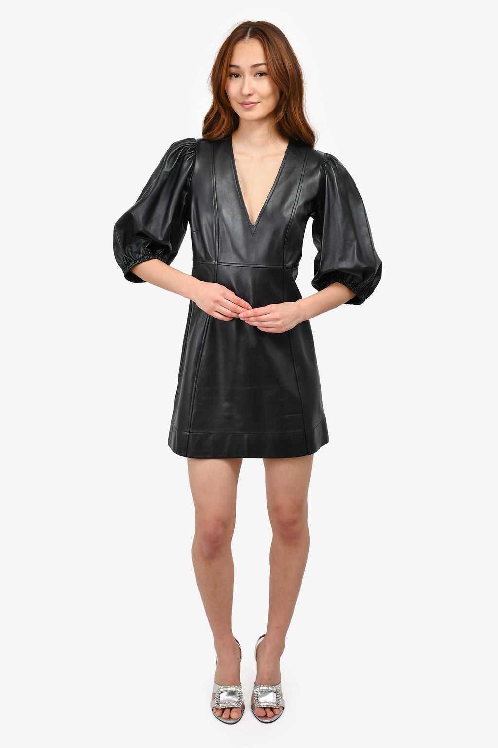 Ganni Black Leather Puff Sleeve Dress Size 38
