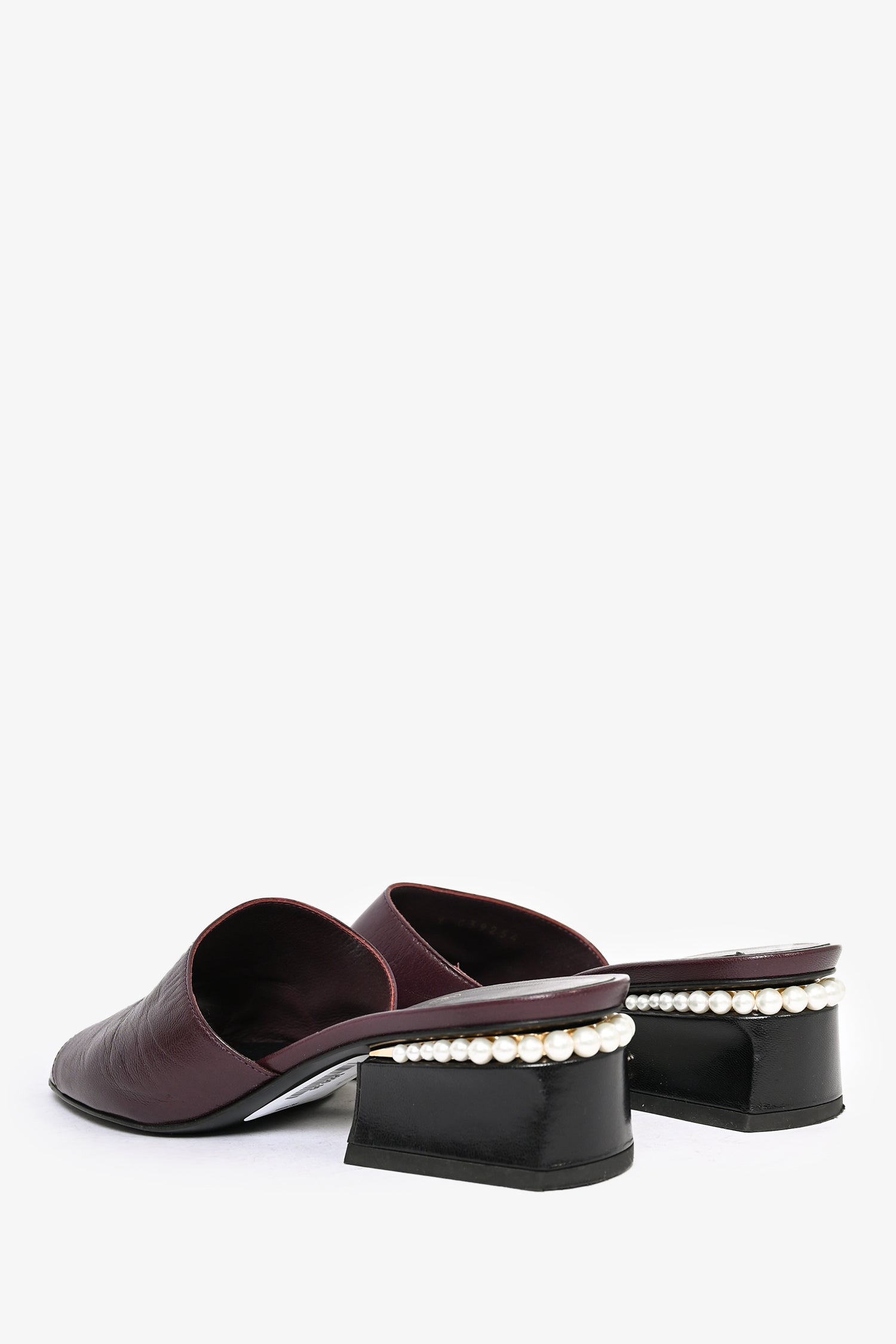 Pre-Loved Chanel™ 2022 Burgundy Leather Pearl Embellished Heeled Mules Size 37