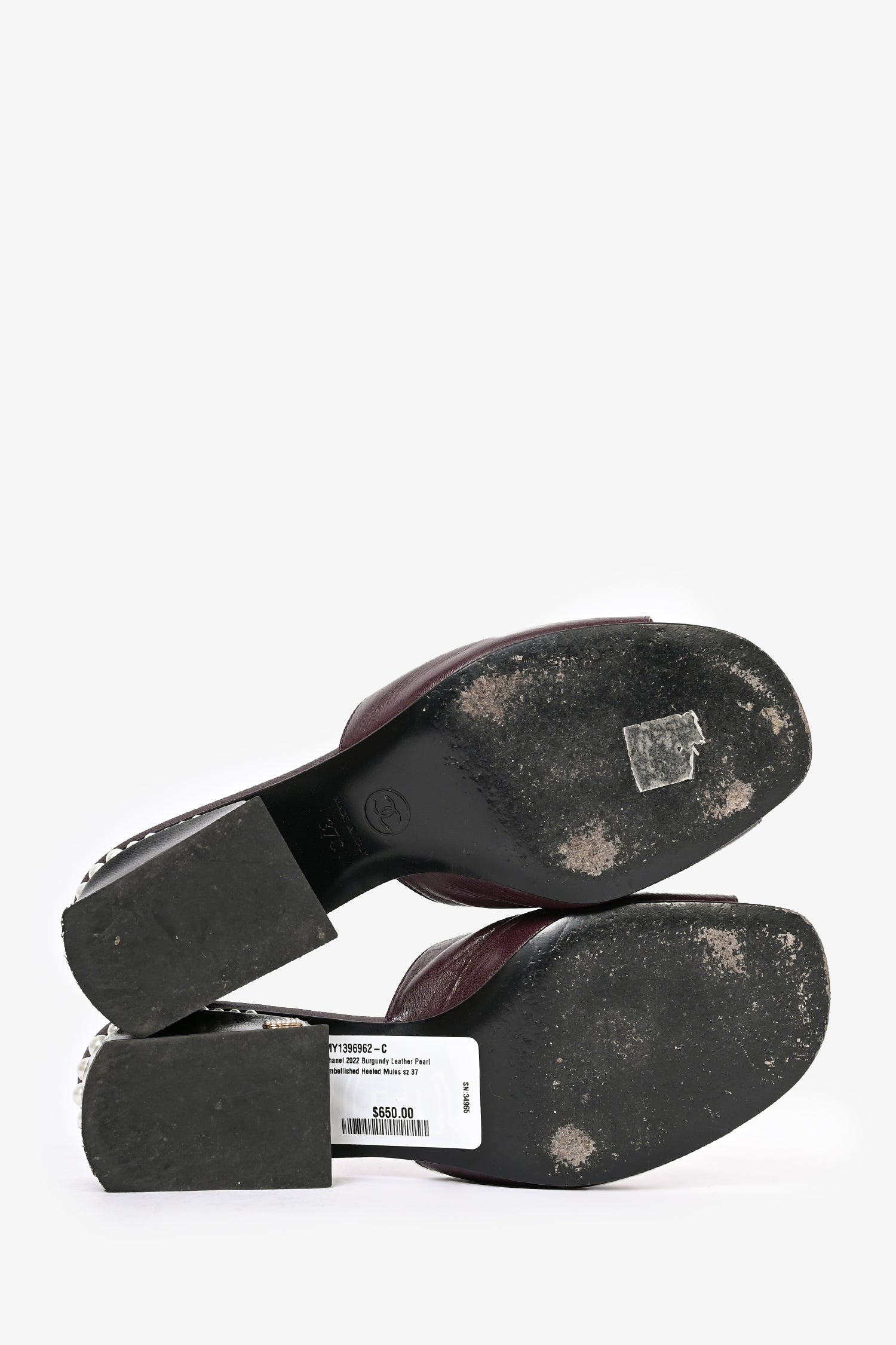 Pre-Loved Chanel™ 2022 Burgundy Leather Pearl Embellished Heeled Mules Size 37