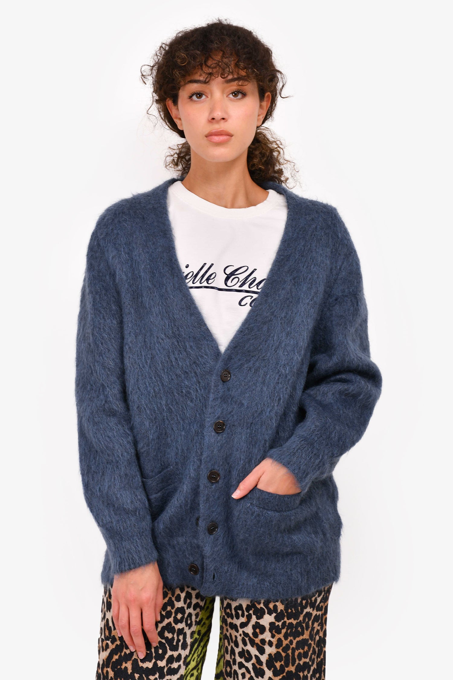 Dior Homme X Peter Doig Navy Mohair Blend 'Dior' Embroidered Button igan Size L