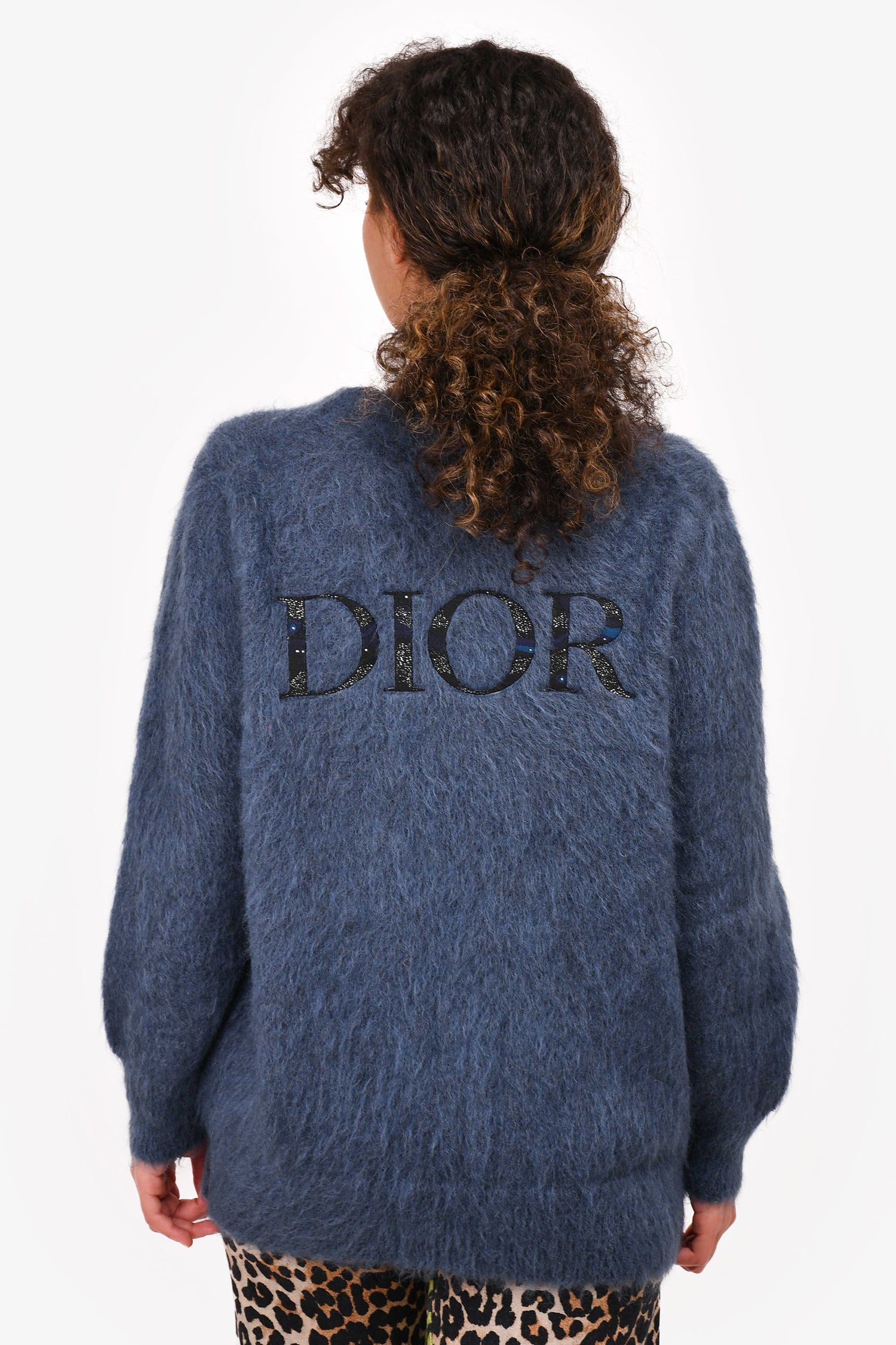 Dior Homme X Peter Doig Navy Mohair Blend 'Dior' Embroidered Button igan Size L