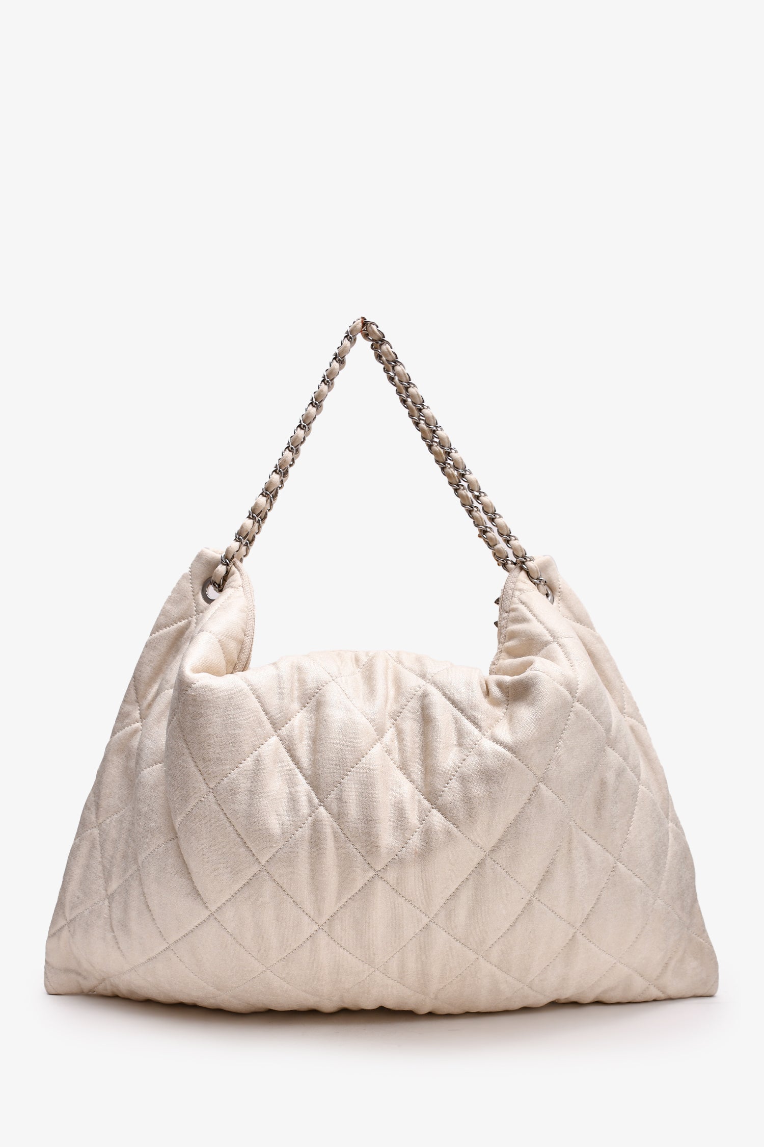 Pre-Loved Chanel™ 2008/09 Beige Metallic Cloth Quilted Jumbo LA Logo Hobo Chain Tote