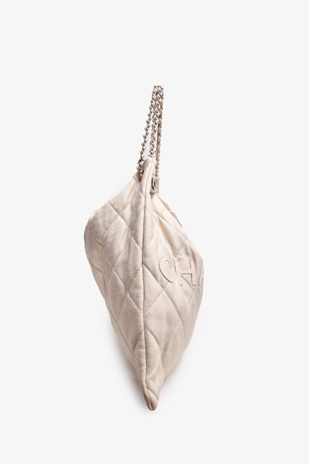 Pre-Loved Chanel™ 2008/09 Beige Metallic Cloth Quilted Jumbo LA Logo Hobo Chain Tote