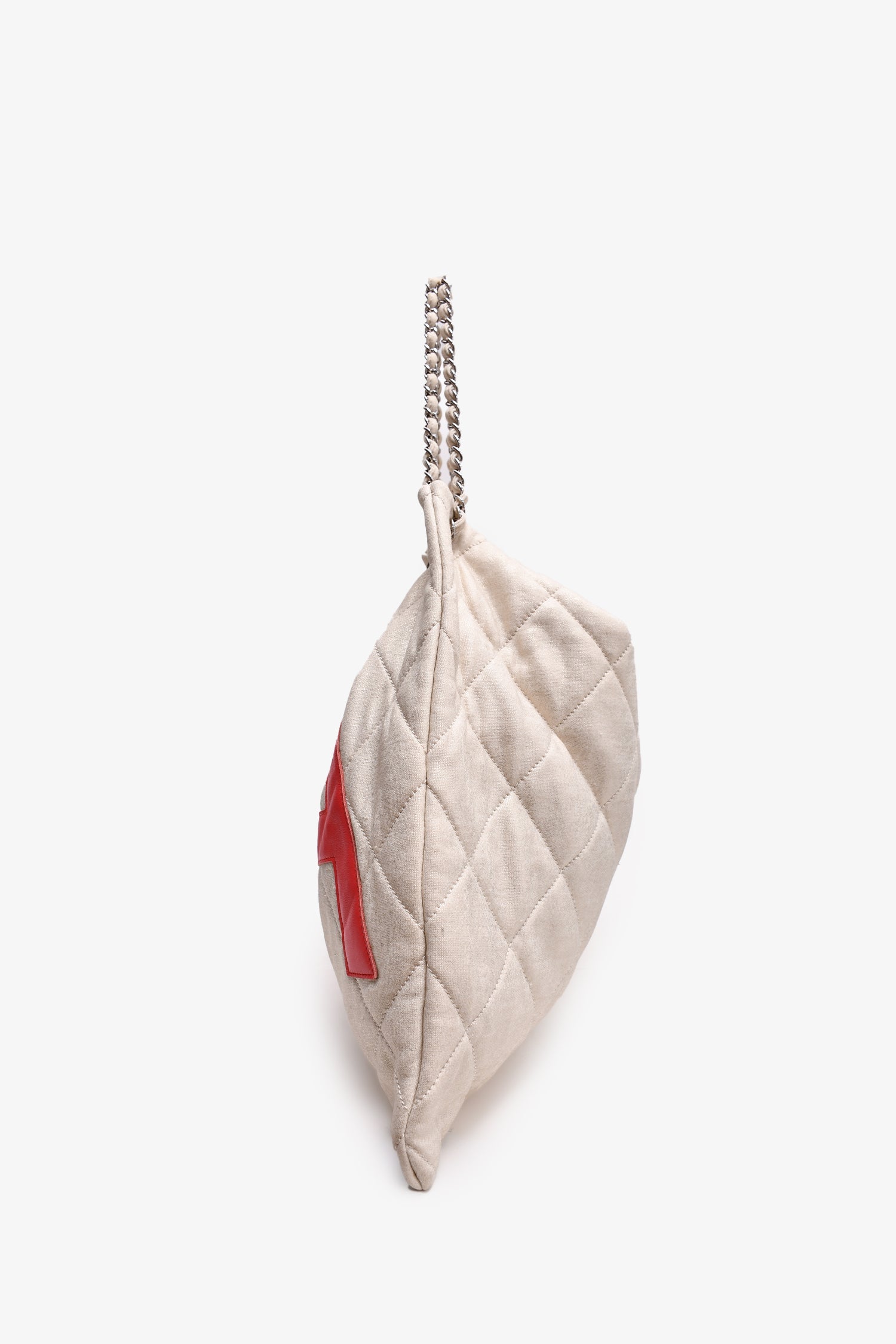 Pre-Loved Chanel™ 2008/09 Beige Metallic Cloth Quilted Jumbo LA Logo Hobo Chain Tote