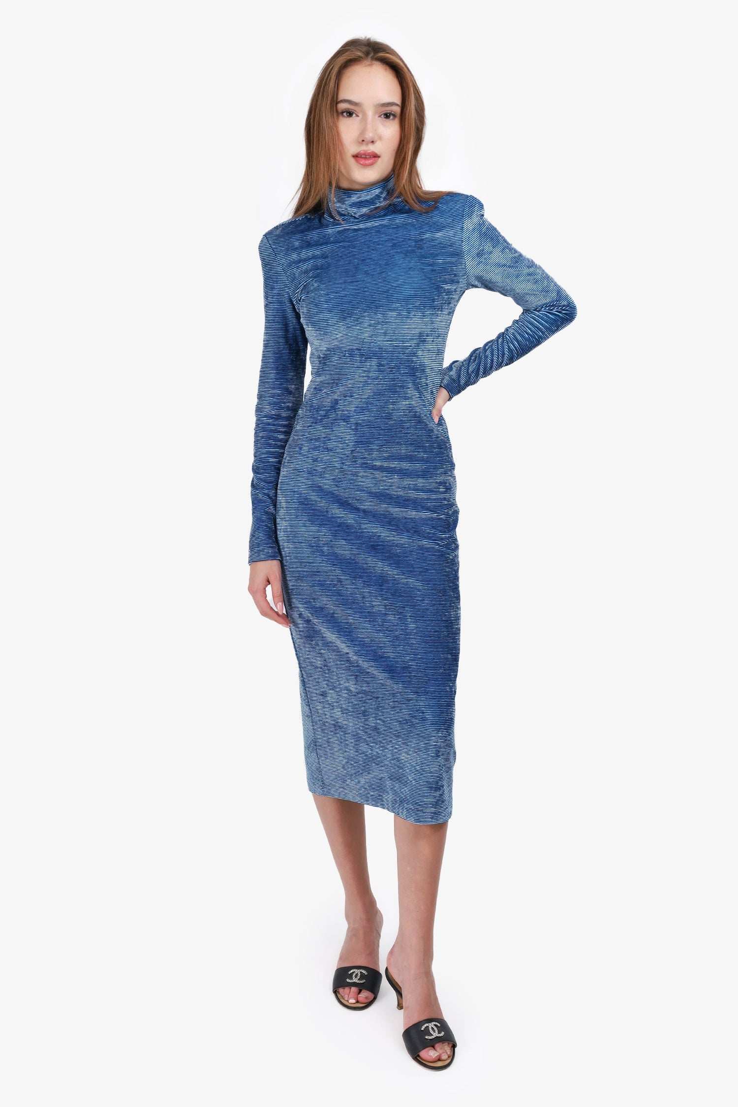 Scanlan Theodore Blue Stripe Velvet Dress Size XS