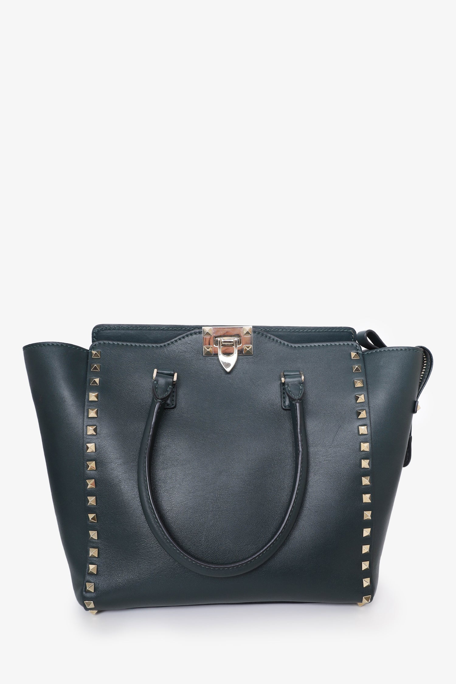 Valentino Green Leather Rockstud Tote with Strap