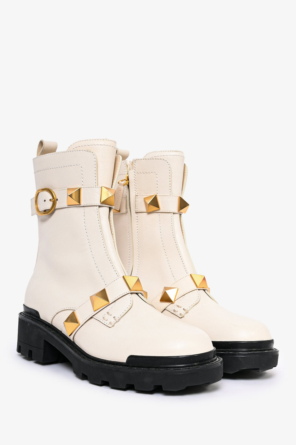 Valentino Cream Leather Roman Stud Combat Boots Size 38