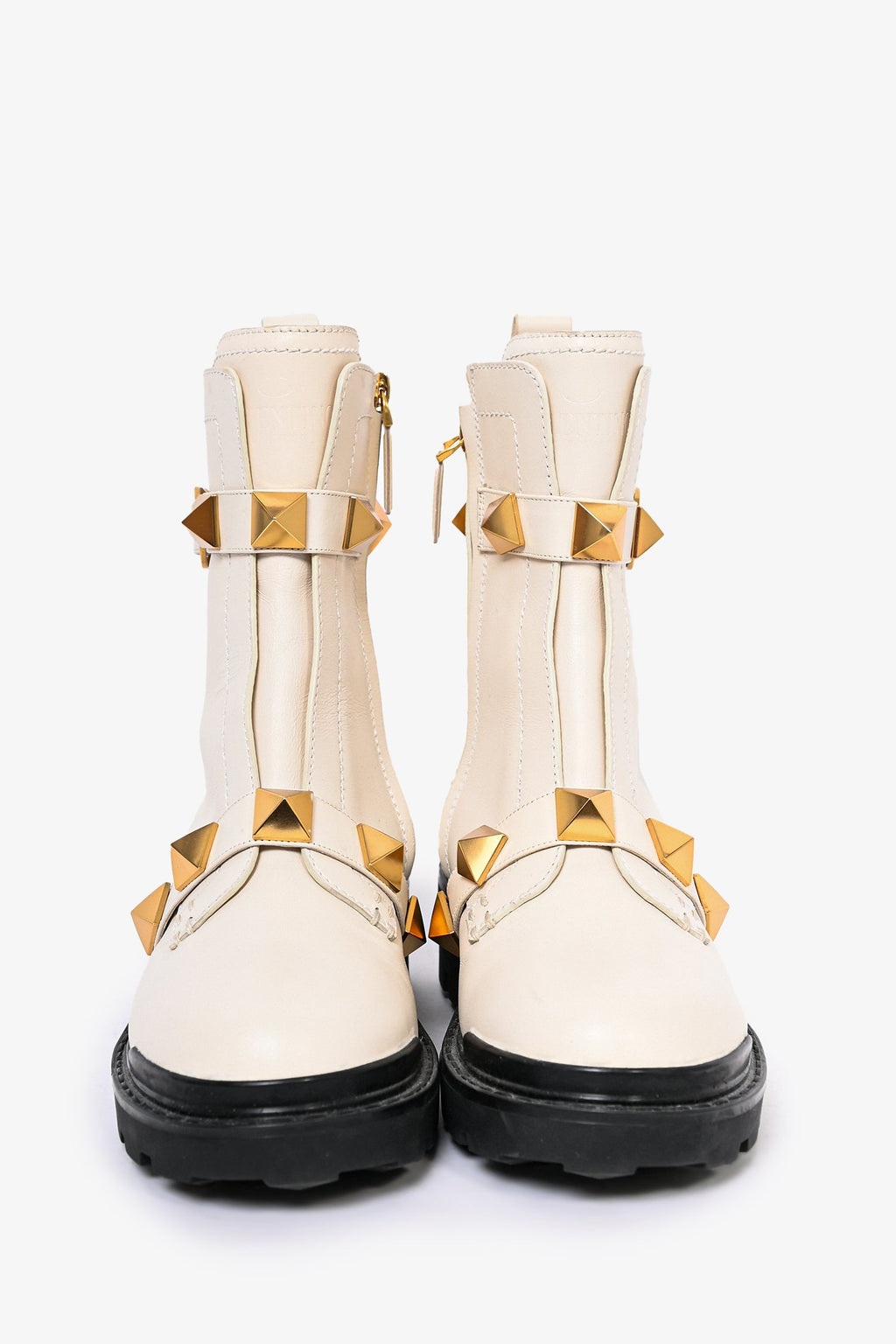 Valentino Cream Leather Roman Stud Combat Boots Size 38