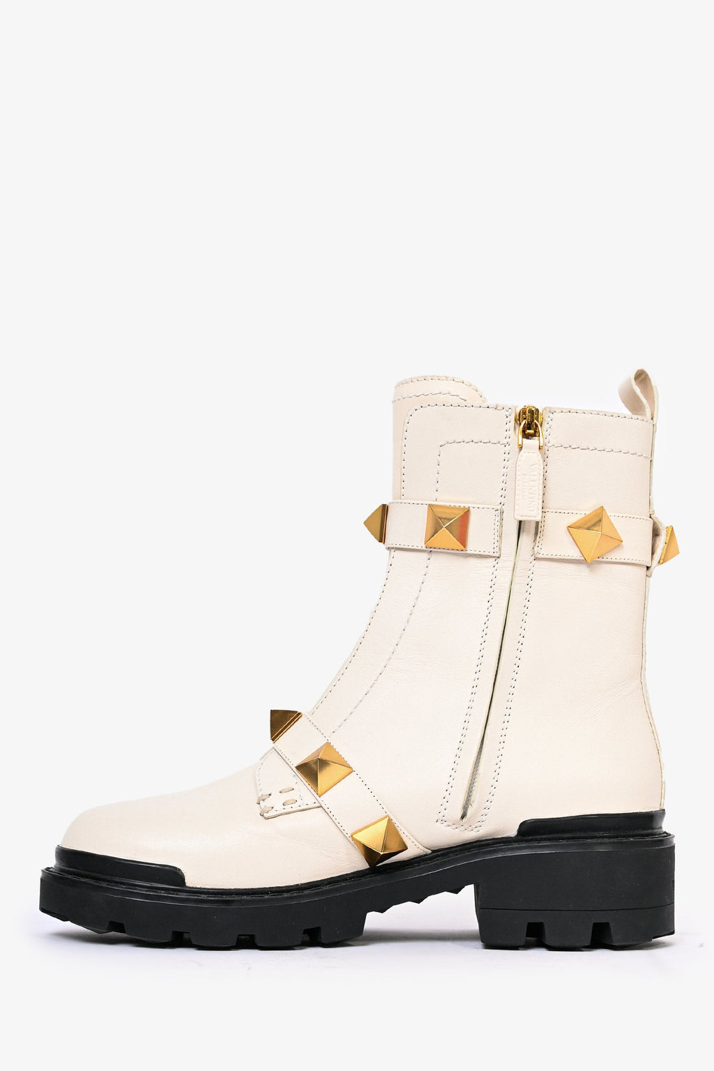 Valentino Cream Leather Roman Stud Combat Boots Size 38