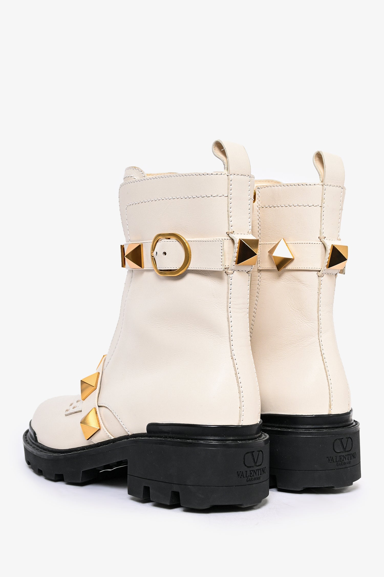 Valentino Cream Leather Roman Stud Combat Boots Size 38