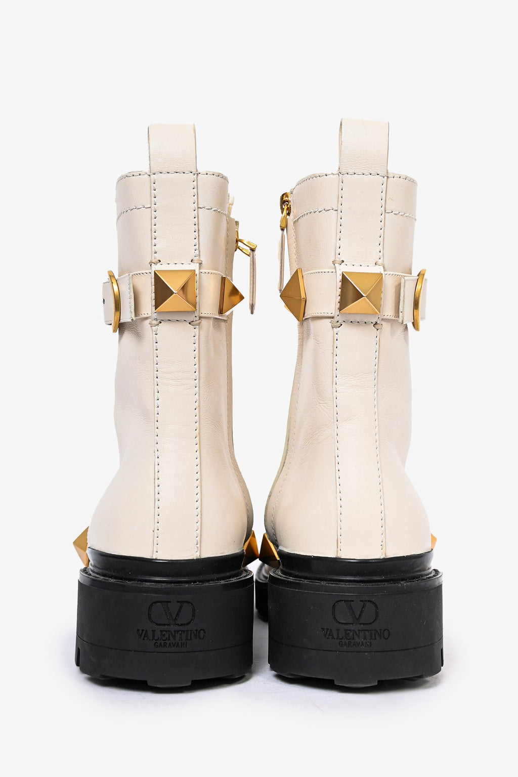 Valentino Cream Leather Roman Stud Combat Boots Size 38