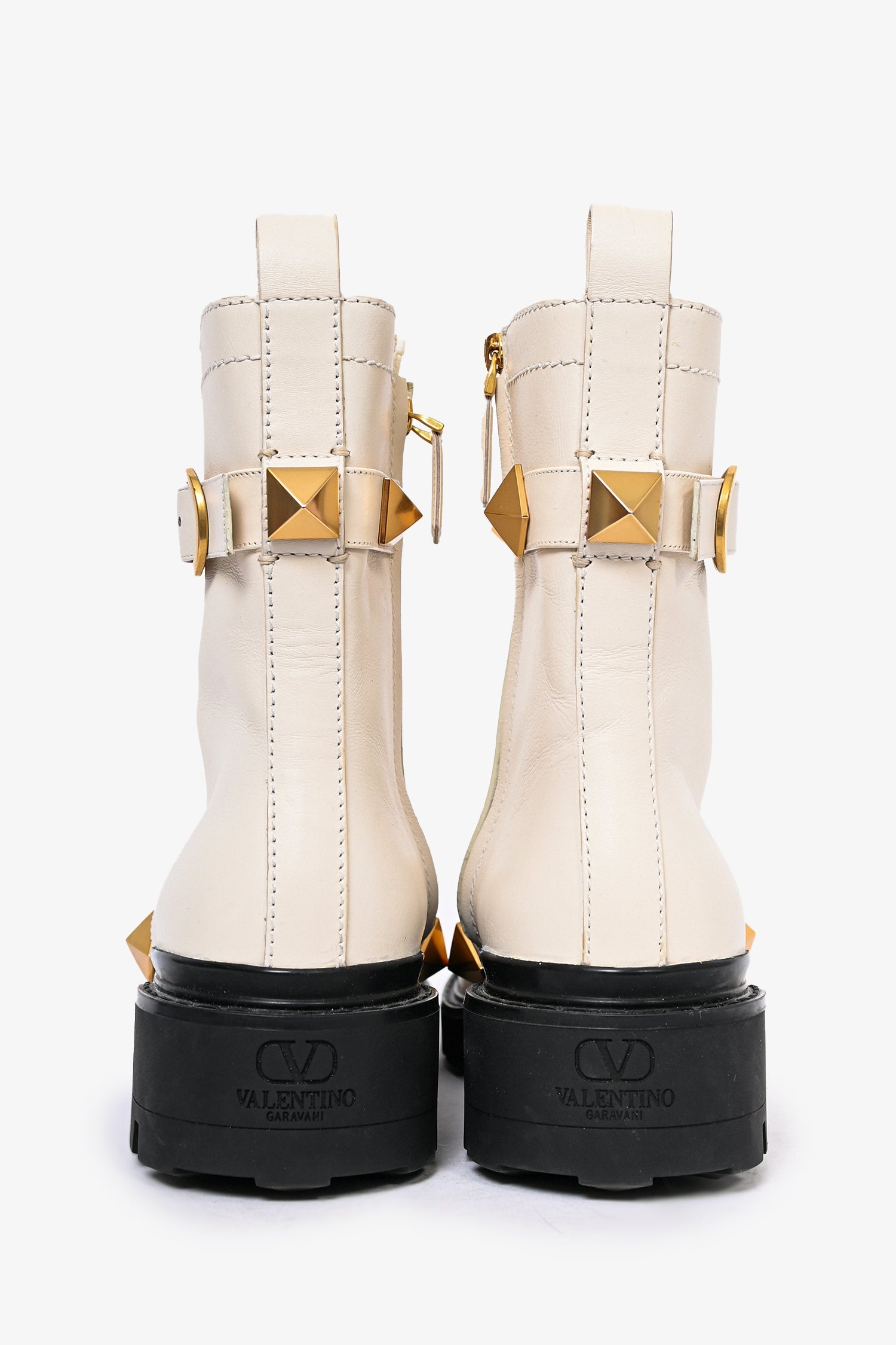 Valentino Cream Leather Roman Stud Combat Boots Size 38