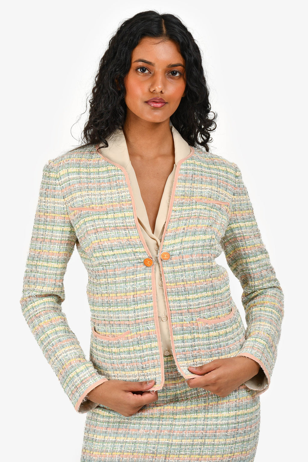 Pre-Loved Chanel™ 05P Pink/Green Tweed Jacket with Midi Skirt Set Size 36