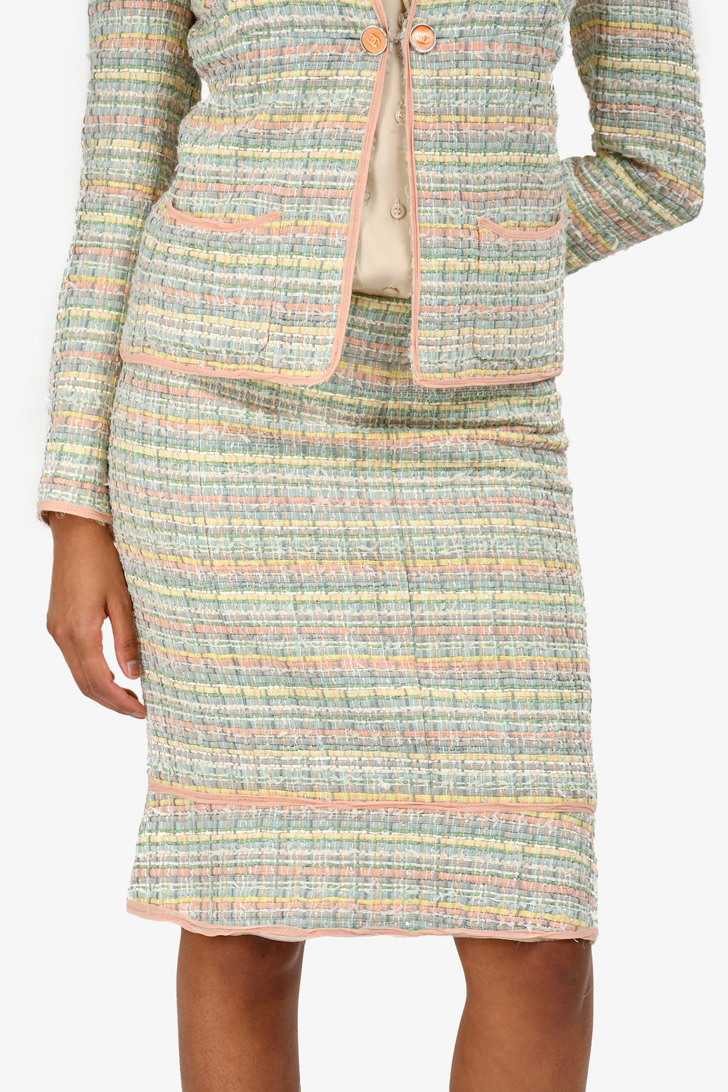 Pre-Loved Chanel™ 05P Pink/Green Tweed Jacket with Midi Skirt Set Size 36