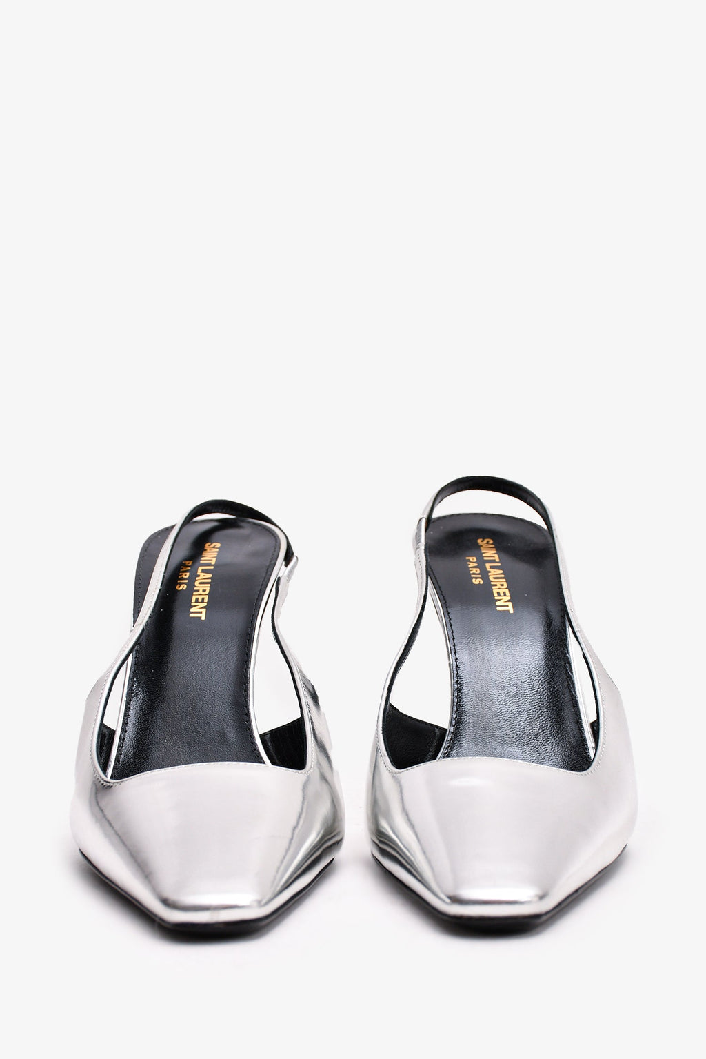 Saint Laurent Silver Metallic Leather Slingback Heels Size 39.5