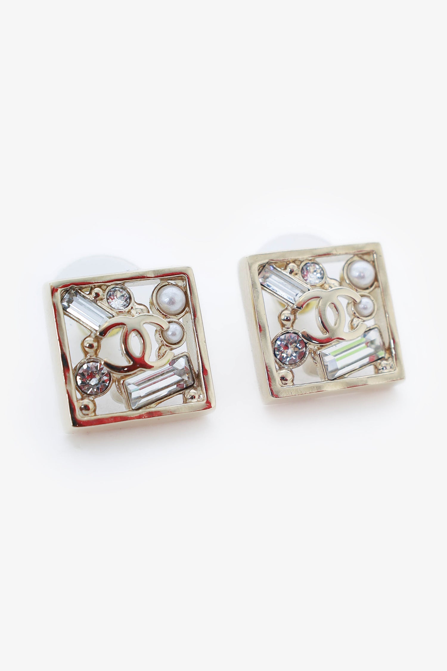 Pre-Loved Chanel™ Gold Tone Crystal/Pearl Square 'CC' Earrings