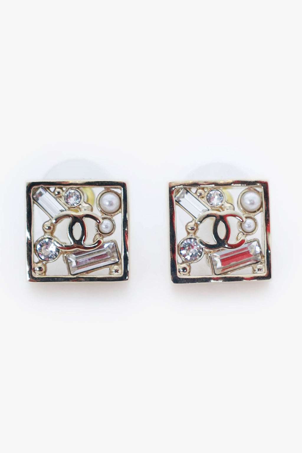 Pre-Loved Chanel™ Gold Tone Crystal/Pearl Square 'CC' Earrings