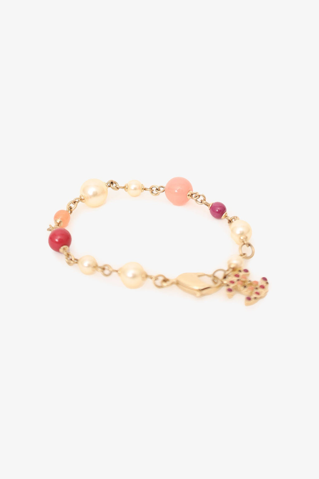 Pre-Loved Chanel™  Gold Tone Pink Beaded CC Charm Bracelet