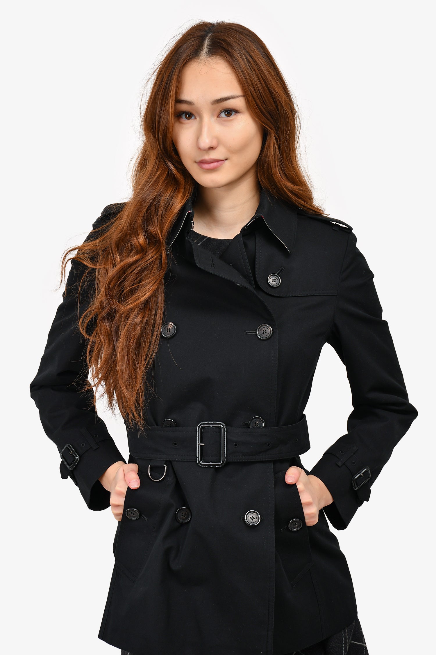 Burberry Black Cotton Short Belted Trench Coat Size 6