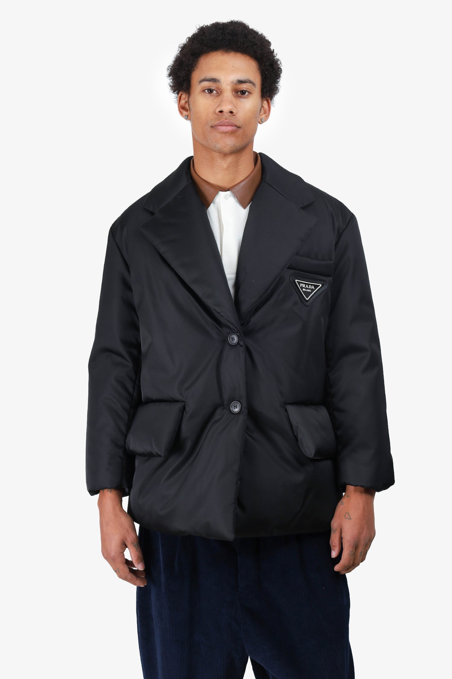 Prada Black Reissue Nylon Belted Puffer Blazer Jacket Size 38 Mens