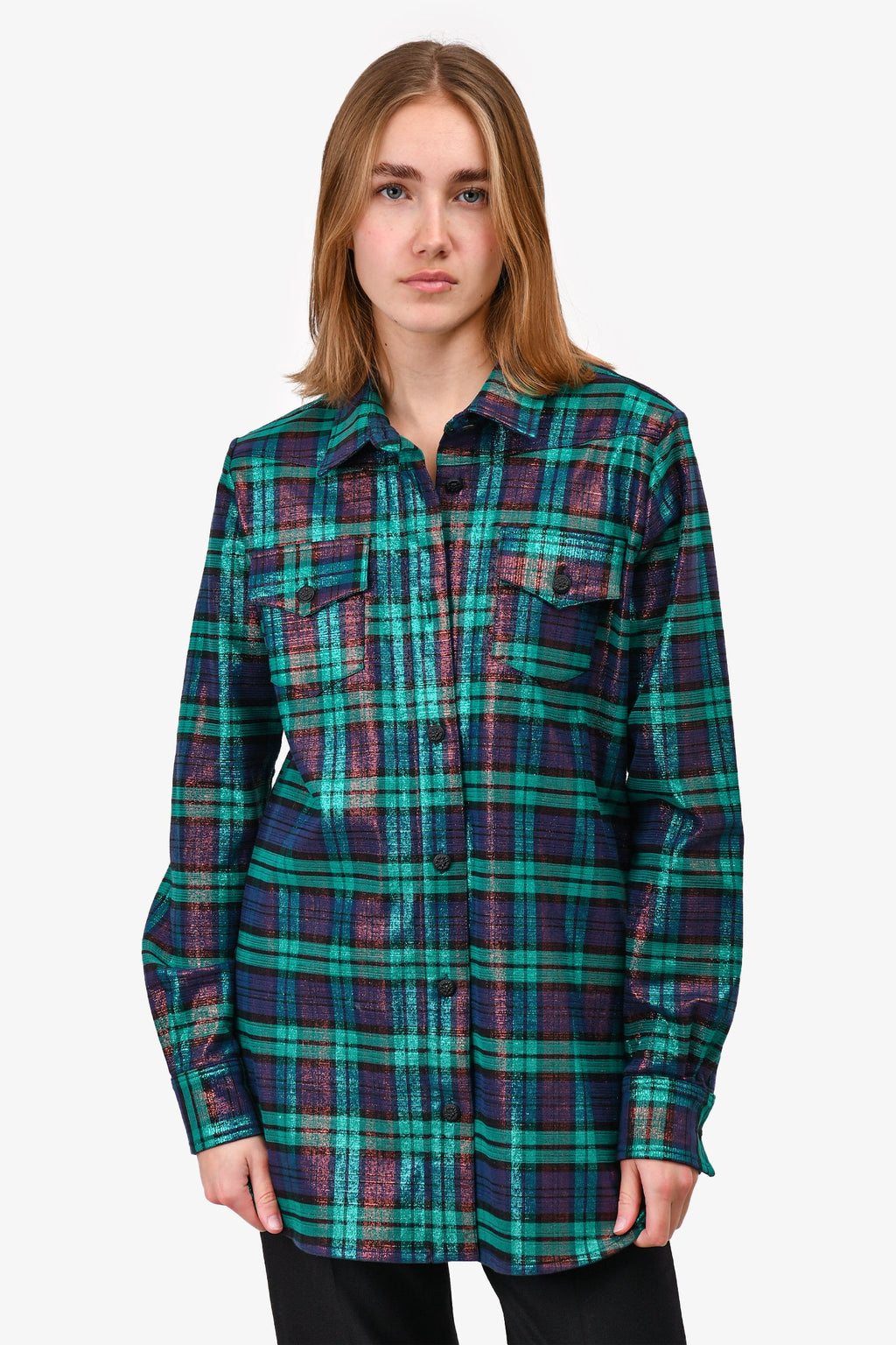 Off-White Blue/Teal Metallic Plaid Print 'Woman' Button Down Top Size XS