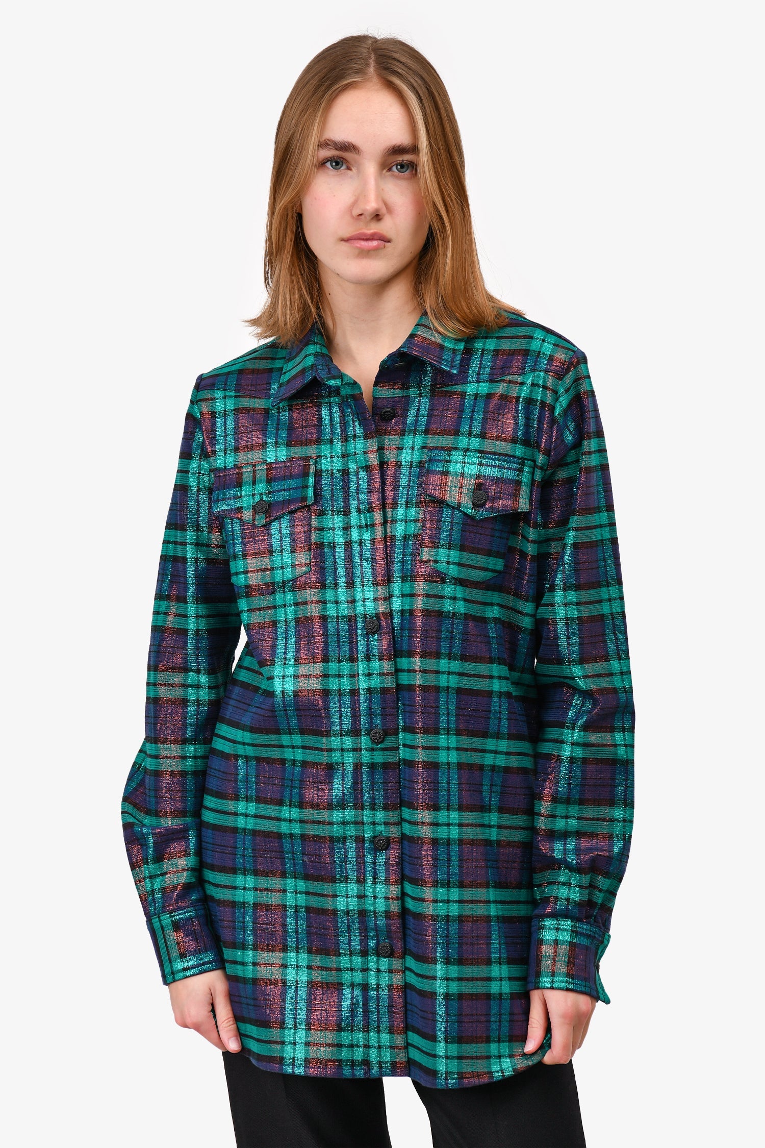 Off-White Blue/Teal Metallic Plaid Print 'Woman' Button Down Top Size XS